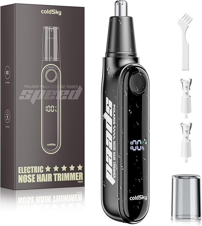 coldSky Ear & Nose Hair Trimmer with LED Display for Men Women - Professional Painless Eyebrow & Facial & Nose Hair Trimmer, USB Rechargeable, Dual-Edge Blades for Smoother Cutting Black