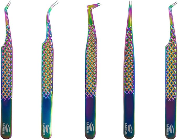 UM Supplies Eyelash Extension Tweezers pack of 5 | Professional Japanese Stainless Steel Tools | Straight | Curved | Angled | Tip 45 Degree | 90 Degree Volume Tweezers Precision Degree l Rainbow