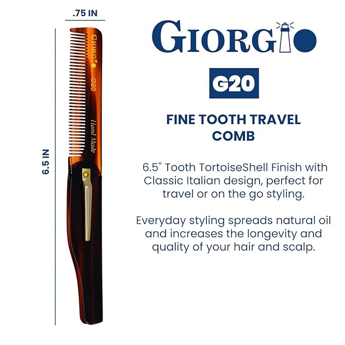Giorgio G20 Folding Mustache and Beard Comb 6.5 Inch - Fine Tooth Travel Comb for Everyday Styling and Hair Care - Handcrafted Sawcut and Hand Polished (Tortoiseshell)