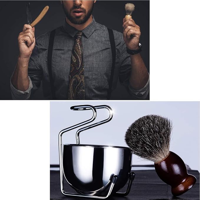 2 in 1 Shave Cup with Stand Holder Set Shaving Bowl with Stainless Steel Shaving Stand Brush Holder Set Razor Brush Bowl Grooming Tool for Men Beard Cleaning