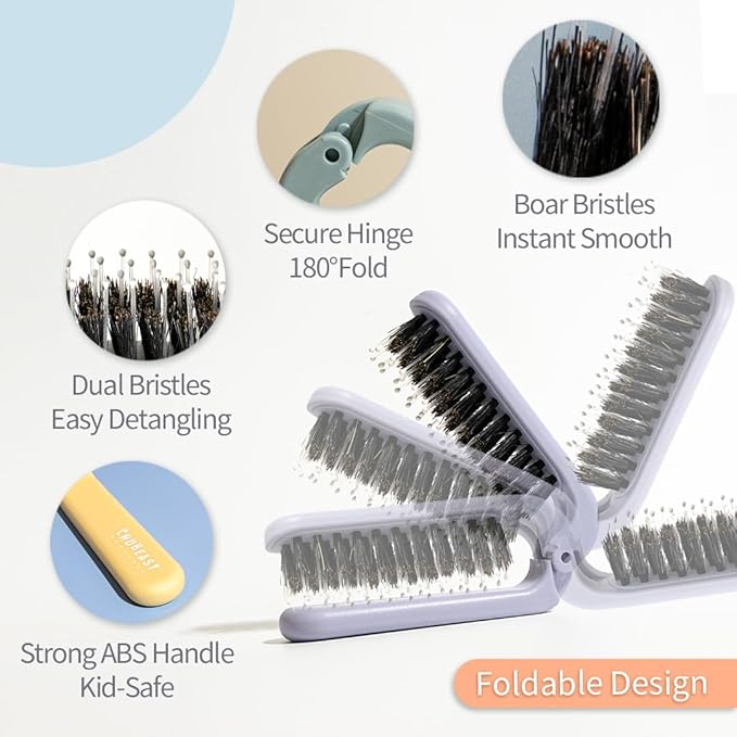 Uffy MiniPop Travel Hair Brush – Mini Folding Boar Bristles for Women, Men & Kids | Kid-Friendly Portable Purse Brush for Wet & Dry Hair, Curly or Straight | Pocket-Size Detangler – Mint Green