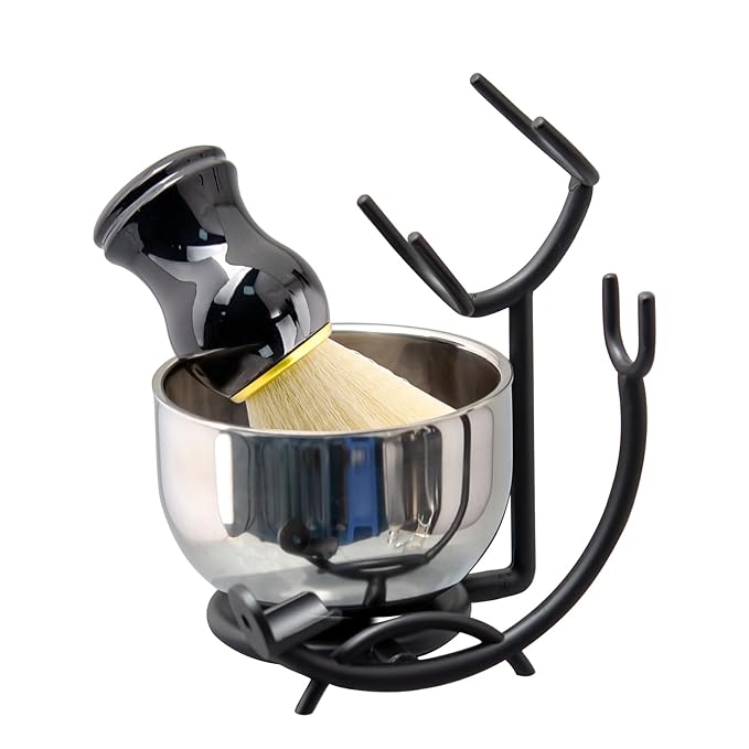 Grandslam Deluxe Shaving Kit for Men, 3 in 1 Shaving Set Includes Shaving Brush, Stainless Steel Shaving Bowl and Razor & Brush Holder, Black Set