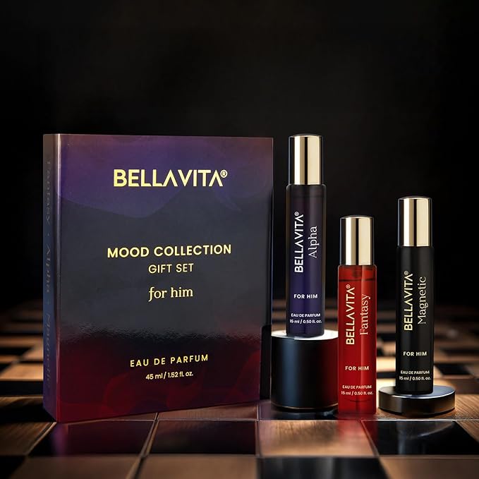 BellaVita Luxury Mood Collection Gift Set (3x15ml) for Men | Pheromone Inspired Technology Long Lasting Fragrance | Includes Alpha, Fantasy & Magnetic Perfumes | Woody, Vanilla, Benzoin and Cedarwood