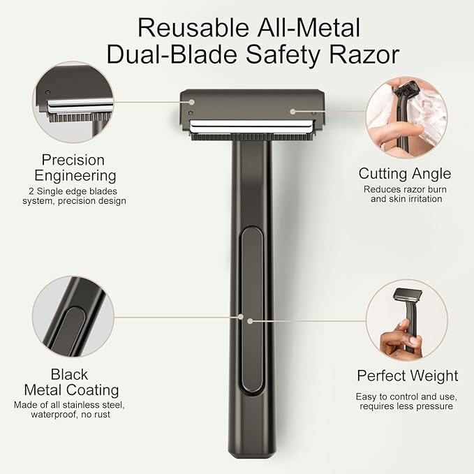 Dual-Blade Safety Razor with Pivoting Head, Reusable Metal Razors for Men, with 10 Double Edge Blades, Smooth Close Clean Shave, Matte Black