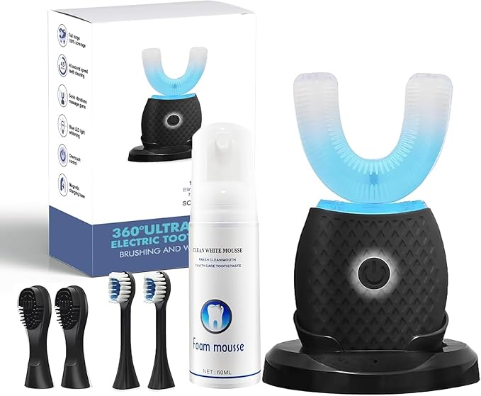 Smart U-Shaped Ultrasonic Toothbrush for Adults: 360° Full Mouth Cleaning with Auto Rotation, Smart Pressure Sensor & LED Light, Includes Foam Mousse, 4 Brush Heads and Charging Base (black)