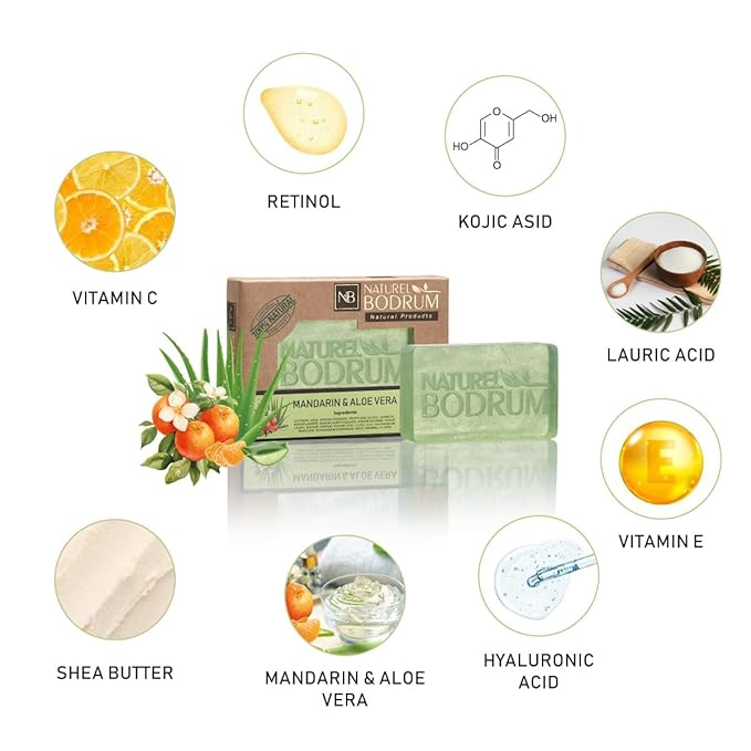 Mandarin and Aloe Vera Organic Soap Bar for Women and Men, Pack of 4 Glycerin Soap Bars - Soothing Facial & Body Bar Soap with Collagen-Boosting Citrus Oils - Natural Spa Gift, for All Skin Types