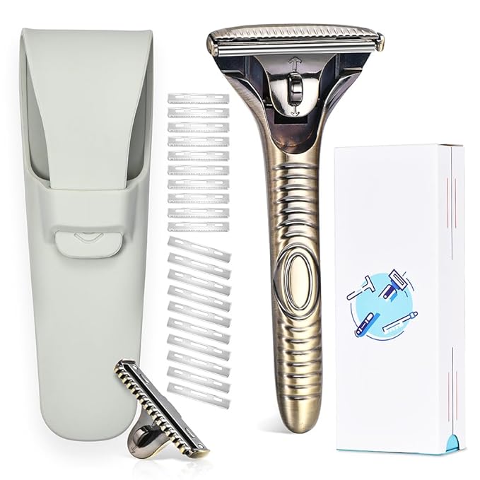 Magnetic Single Blade Razors for Men & Women,Reusable Safety Razor with 360° Rotating Track + 20 Single Edge Razor Blades + Waterproof Silicone Case - Bronze