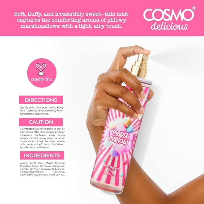 Cosmo Delicious Marshmallow Fragrance Mist 150ml, Sweet Marshmallow & Vanilla Scent, Light Gourmand Body Spray, Perfect For Everyday Wear, Long Lasting Perfume For Women & Men