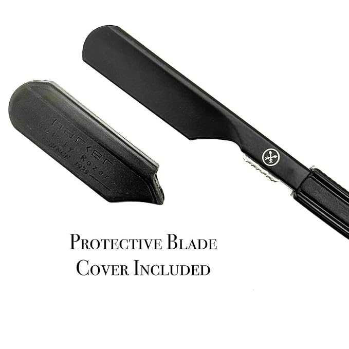 Parker Director Black Non-Folding Straight Barber Razor – Japanese-Style Razor with Stainless Steel Arm, Blade Protector Cap & Ergonomic Non-Slip Handle – Ideal for Professionals - 5 Blades Included