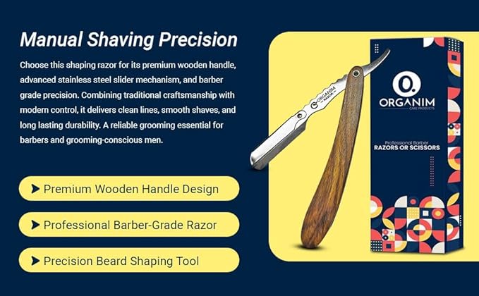 ORGANIM -Stainless Steel Barber Shavette with Handcrafted Wooden Handle - Secure Clip-Type Blade Holder for Precise Grooming Professional Straight Razor for Men(Blades Not Included)