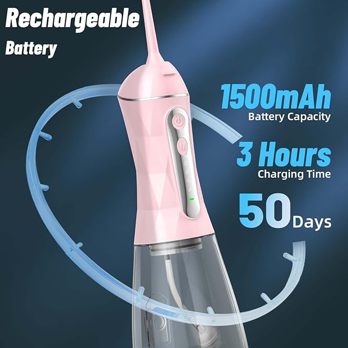 Water Dental Flosser Pick for Teeth Portable Oral Irrigator Rechargeable Travel Irrigation Cleaner 320ML Electric Flossing, IPX8 Waterproof, Waterproof Flossing Cleaning Picks for Home Travel (Pink)