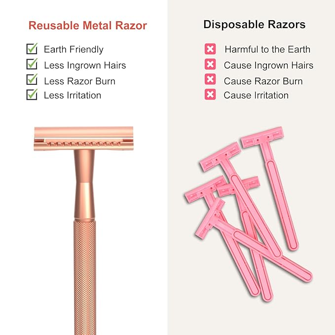 Safety Razor with Stand, Single Blade Razors for Women and Men, Reusable Metal Razor, with 10 Double Edge Blades, Smooth Close Shave, Plastic Free, Rose Gold