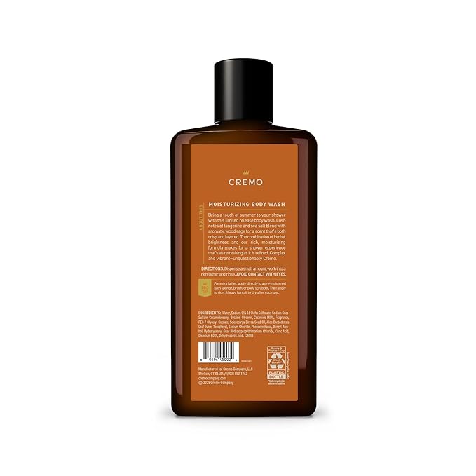 Cremo Rich-Lathering Tangerine Sage Body Wash Men, Notes of Fresh Tangerine, Sea Salt, and Wood Sage, 16 Fl Oz