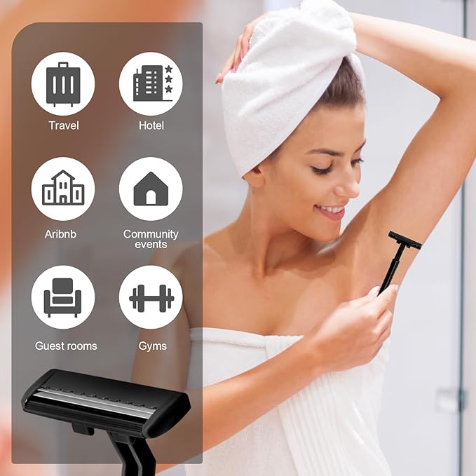 240 Pack Disposable Twin Blade Razors Individually Wrapped, Clear Safety Cap， Multipurpose Portable Shave Razor for Man Woman Bathing Hotel Travel (Black)
