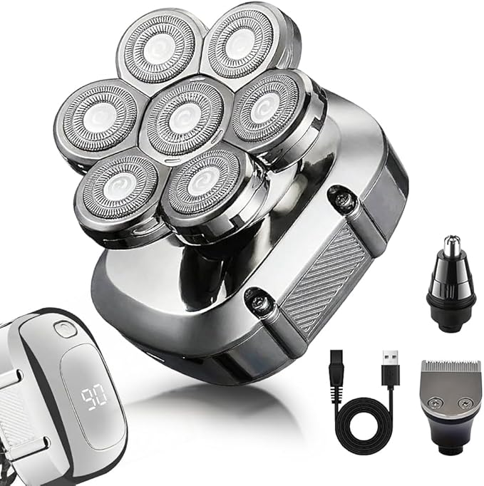 3-in-1 Electric 7D Head Shavers for Bald Men, Dry & Wet Bald Head Shaver, Electric Razor for Men Face, Men‘s Rotary Shaver, Waterproof Grooming Kit, Cordless USB Rechargeable, LED Display