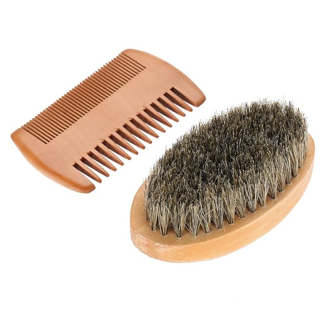 Beard Brush and Comb Set, Boar Beard Brush and Handmade Wooden Comb Mustache Shaving Cleaning Grooming Kit for Men