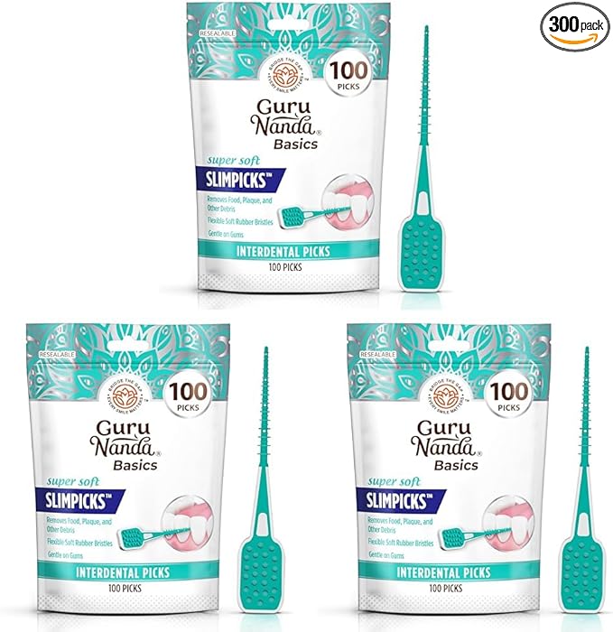 GuruNanda Interdental Picks (Pack of 300), Super Soft & Flexible Rubber Bristles, Dental Floss Picks to Remove Food Debris, Plaque & Go Gentle on Gums