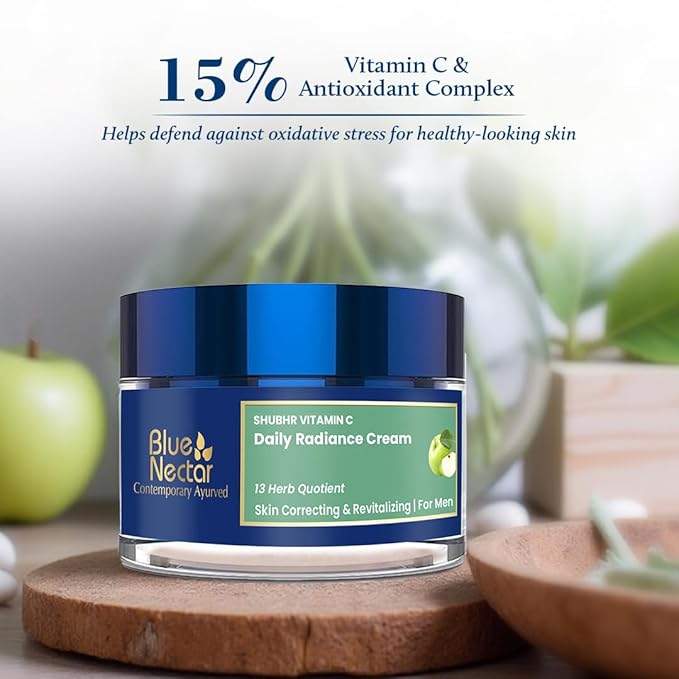 Blue Nectar Plant-Based Vitamin C Face Cream for Glowing Skin, Dark Spot Removal Cream for Men with Green Apple and Almond Oil (13 Herbs, 1.76Oz)