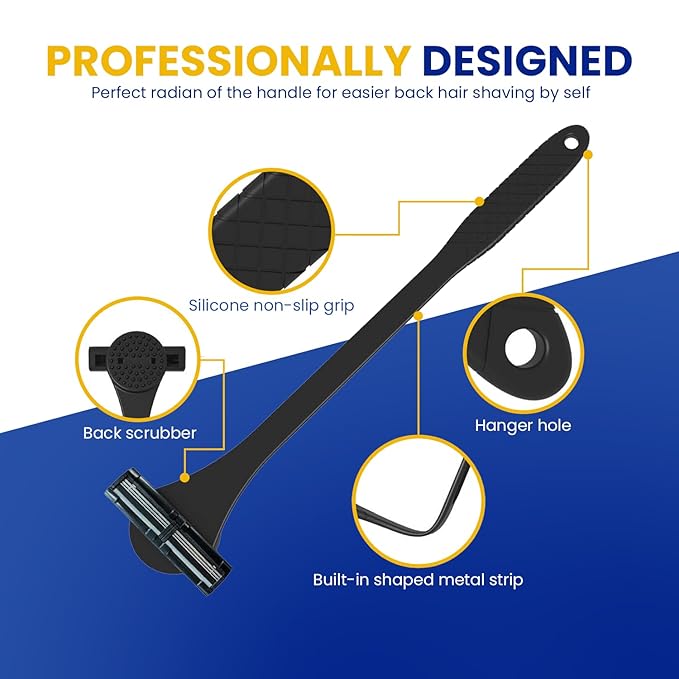 18" Back Shaver & Scrubber for Men – 2-in-1 Pain-Free Grooming Tool with Long Handle (46cm), Built-In Scrubber, Wet or Dry Use – Includes Compact Box (23x8x8cm) (BLACK)