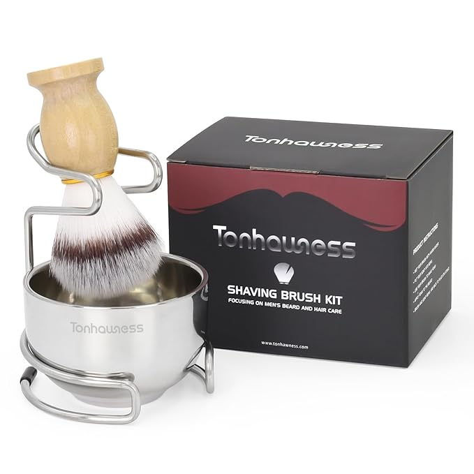 Shaving Brush Set for Men, 3 in1 Shaving Kit Includes Nylon Badger Hair Shaving Brush, Stainless Steel Shaving Bowl and Stand for Wet Shave