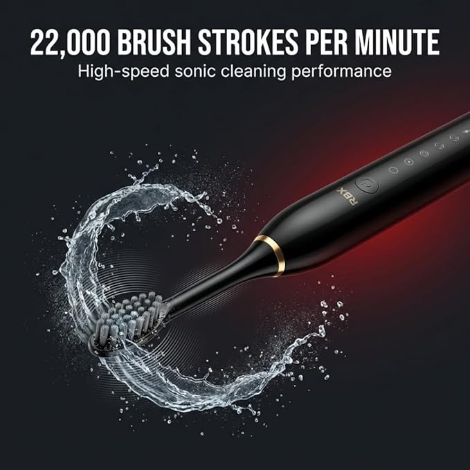 RBX Sonic Electric Toothbrush - Rechargeable Electric Toothbrush with 8 Brush Heads, Compact Travel Toothbrush, Ergonomic Handle, 6 Settings