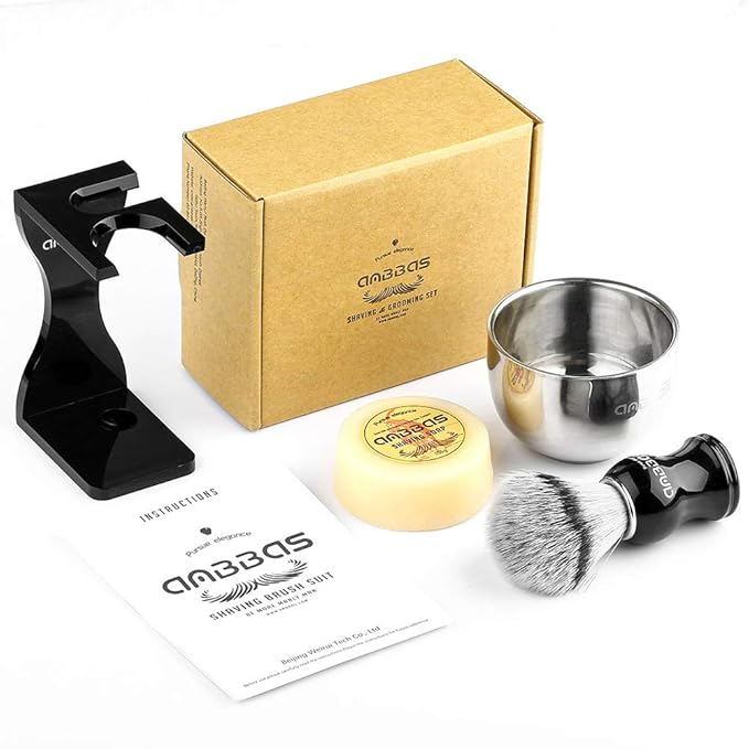 Anbbas Faux Badger Shaving Brush with 3.5 oz Goat Milk Shaving Soap and Bowl Stainless Steel,Black Acrylic Shaving Stand Holer for DE Razor Men Shave Kit