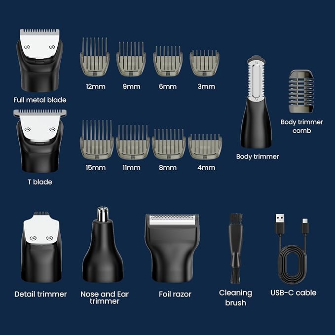 All-in-One Beard Trimmer for Men, Electric Waterproof Wet/Dry Razor Shaver for Mustache, Facial, Beard Styler, Mens Beard Grooming Kit with LED Display, USB Recharge - Black