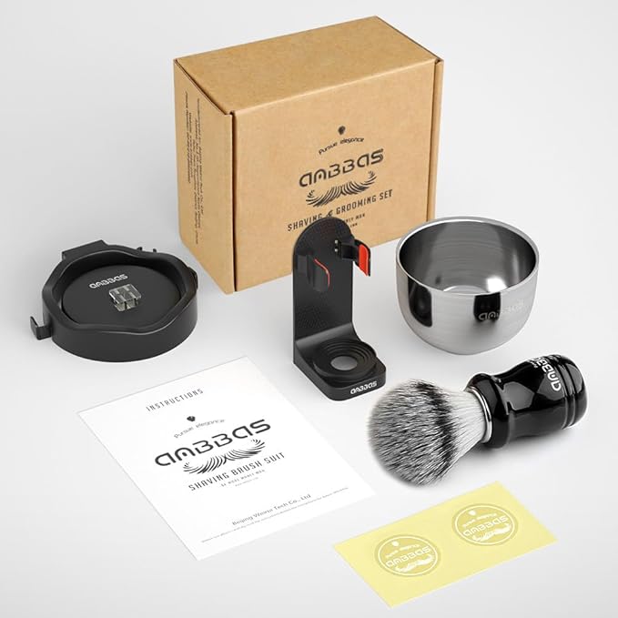 Anbbas Shaving Brush Synthetic Badger Hair Resin Handle and Stainless Steel Soap Bowl,ABS Wall Mounted Shaving Holders for Brush and Bowl