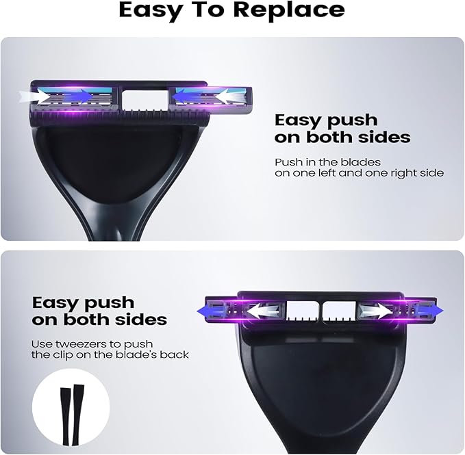 Back Shaver for Men - Retractable Long Handle Back Hair and Body Shavers,Replaceable Multi-Layer Double Blades（8PCS）, Ergonomic DIY Wet or Dry Shaving Solution - Black