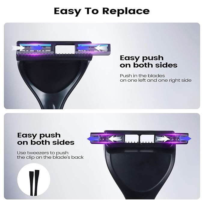 Back Shaver for Men - Retractable Long Handle Back Hair and Body Shavers,Replaceable Multi-Layer Double Blades（8PCS）, Ergonomic DIY Wet or Dry Shaving Solution-Black
