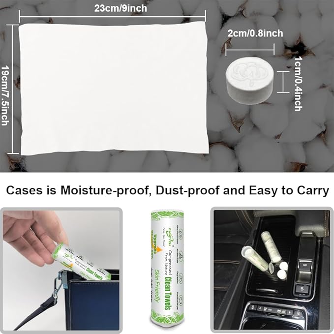 Compressed Coin Tissue for Travel 500 Pcs with 4 Carry Cases, Thicken 100% Cotton Disposable Face Cloths, Compact Mini Portable Facial Towel Disposable Washcloth for Camping Home Beauty Office