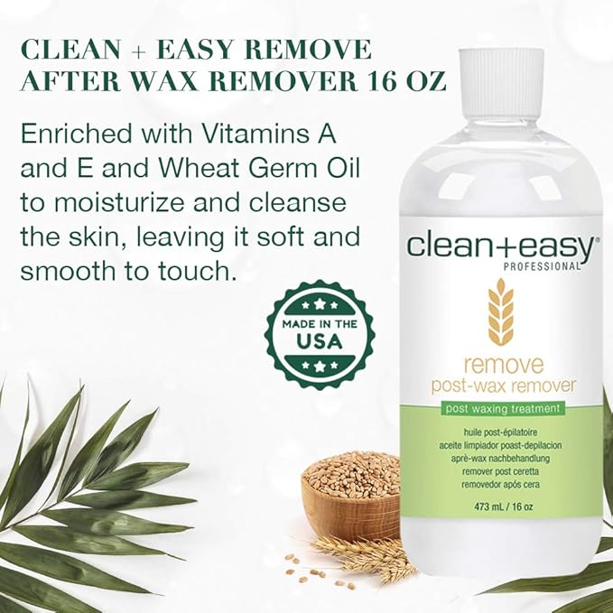 Clean + Easy After Wax Remover – After Wax Care Oil with Wheat Germ, Post Waxing Cleanser for Skin & Wax Residue, 16 oz