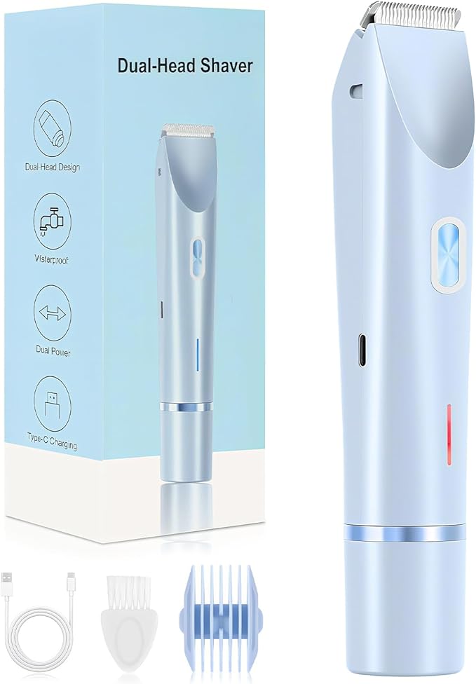 Bikini Trimmer for Women, 2-in-1 Painless Dual Head Shaver Women with Painless Ceramic Blades, Waterproof Electric Razors for Body & Face, Holiday Gift for Her (Blue)