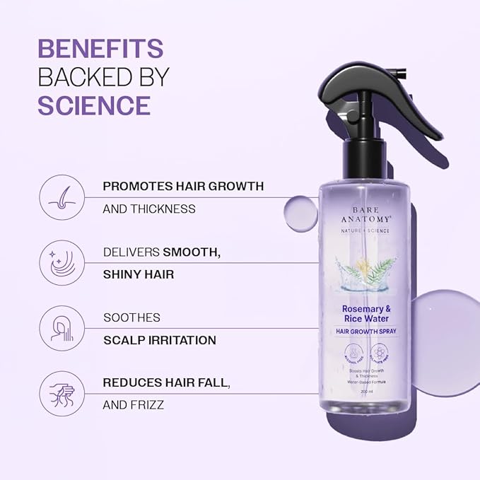Bare Anatomy Nature x Science Rosemary Water Spray for Hair Growth & Hair Thickness with Rice Water |100% Natural Extract | Soft & Smooth Hair| Controls Hairfall| Non-Greasy & Fast Absorbing | 200ml