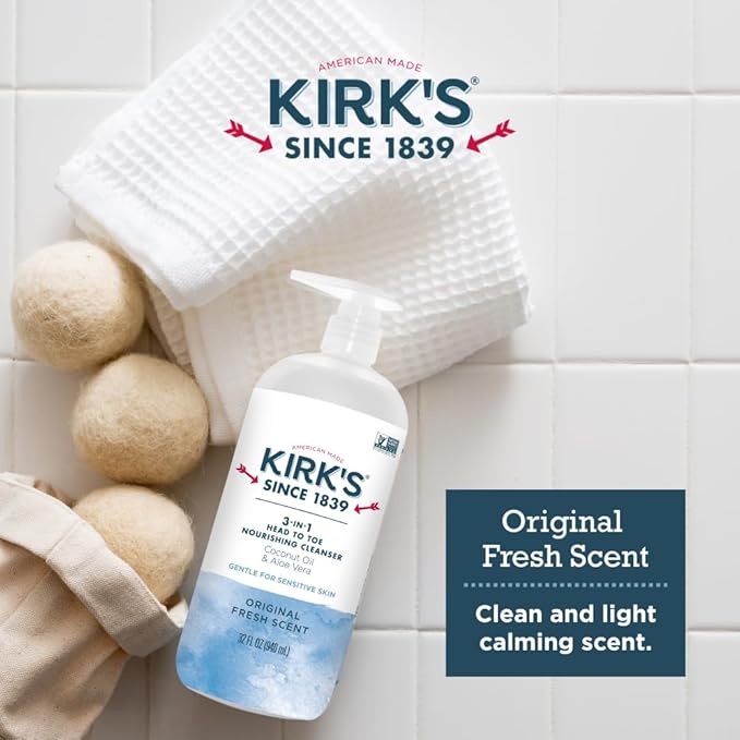 Kirk's 3-in-1 Head to Toe Nourishing Liquid Cleanser- for Men, Women & Children - Premium Coconut Oil & Aloe Vera- Non GMO & Vegan -Original Fresh Scent - 32 Fl Oz