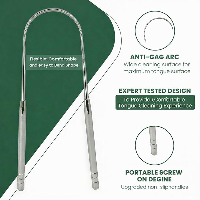 Tongue Scraper for Adults with Travel Cases (2 Pack), Stainless Steel Metal Tongue Cleaner, Dual Design Tongue Scrubber for Fresh Breath & Oral Hygiene.