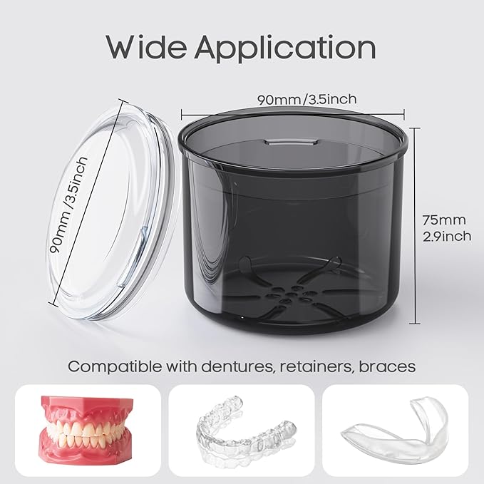 Denture Bath Cup with Cleaning Brush, Large Soaking Container with Strainer Basket for False Teeth & Night Guard, Oral Care Storage Holder for Home Use, Black