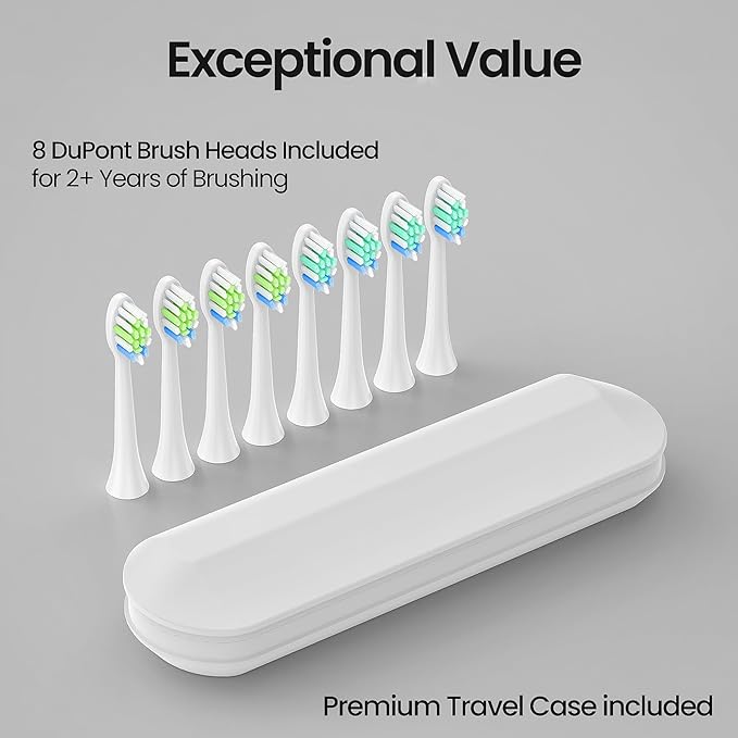 YUNCHI Electric Toothbrush for Adults and Kids, Rechargeable Sonic Electric Tooth Brush with 8 Brush Heads, 90 Days, 5 Models & 2 Minutes Smart Timer, Travel Case, 44000 VPM Motor, White