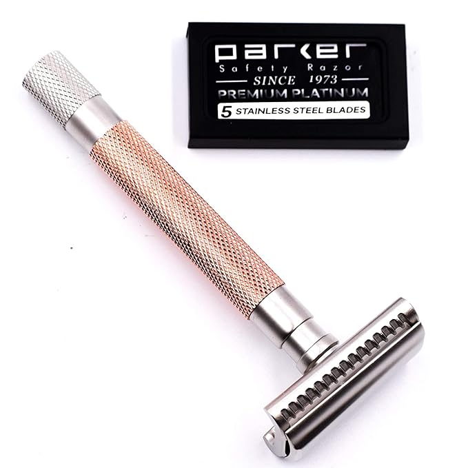 Parker Semi-Slant Safety Razor – Rose Gold Finish | Elegant DE Razor for Women & Men with Sensitive Skin | Slanted Head + 5 Parker Blades for Smooth Results | Iconic Brand