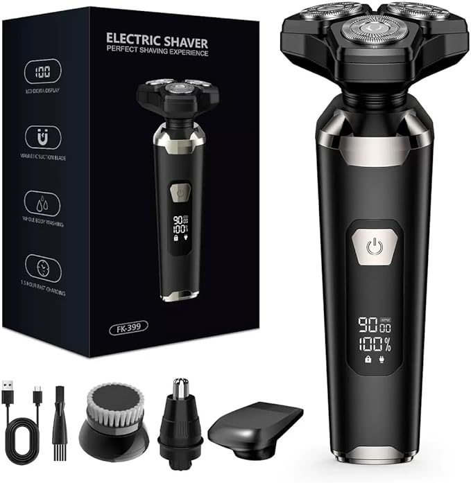 4-in-1 Electric Razor for Men, Magnetic Floating Heads, LED Display, IPX7 Waterproof, Travel Lock & Nose Trimmer - Complete Grooming Kit Gift Set