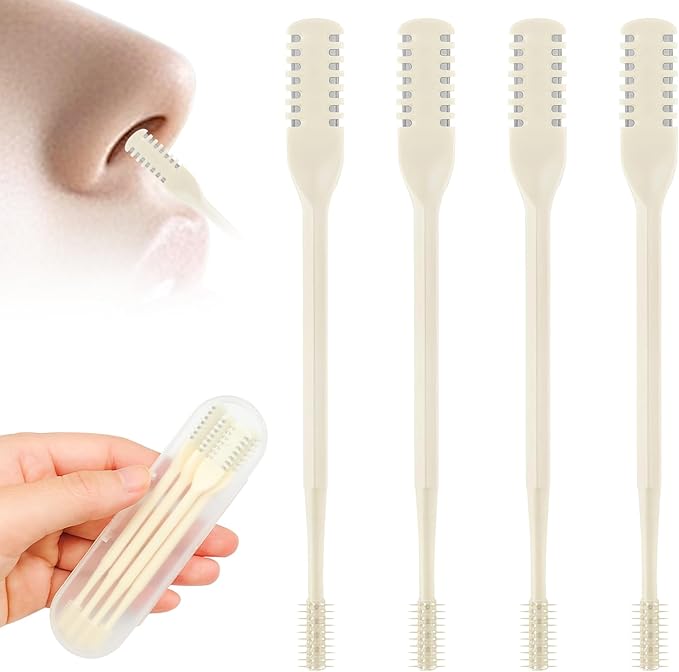 4 Pcs 2-in-1 Nose Hair Trimmer, Manual Double-Sided Nasal Hair Cutter, 360° Rotating Nostril Hair Remover Tool with Ear Picker, Portable Stainless Steel Nose Knife for Men Women(Beige)