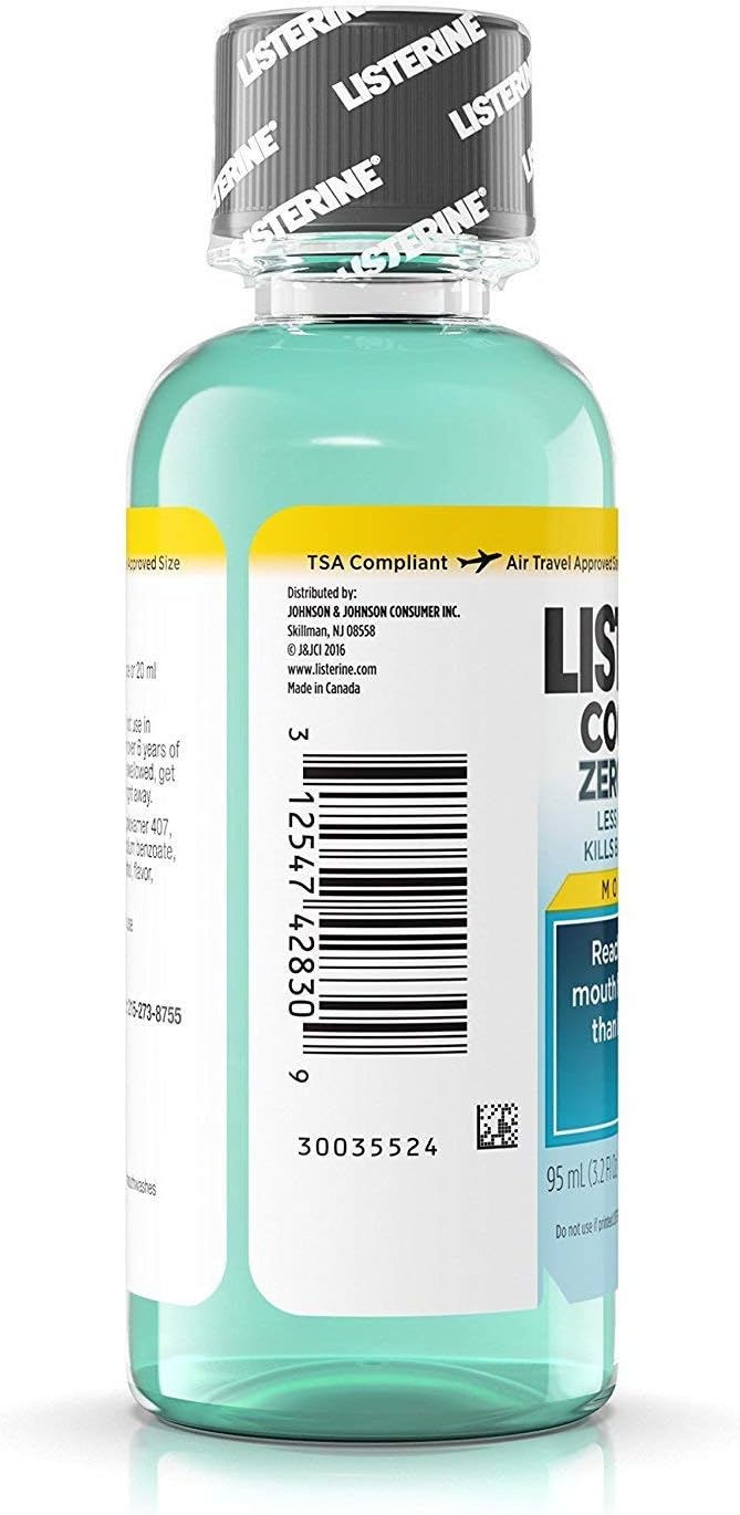 Listerine Cool Mint Zero Alcohol Mouthwash, Travel Size 3.2 Ounces (95ml) - Pack of 2