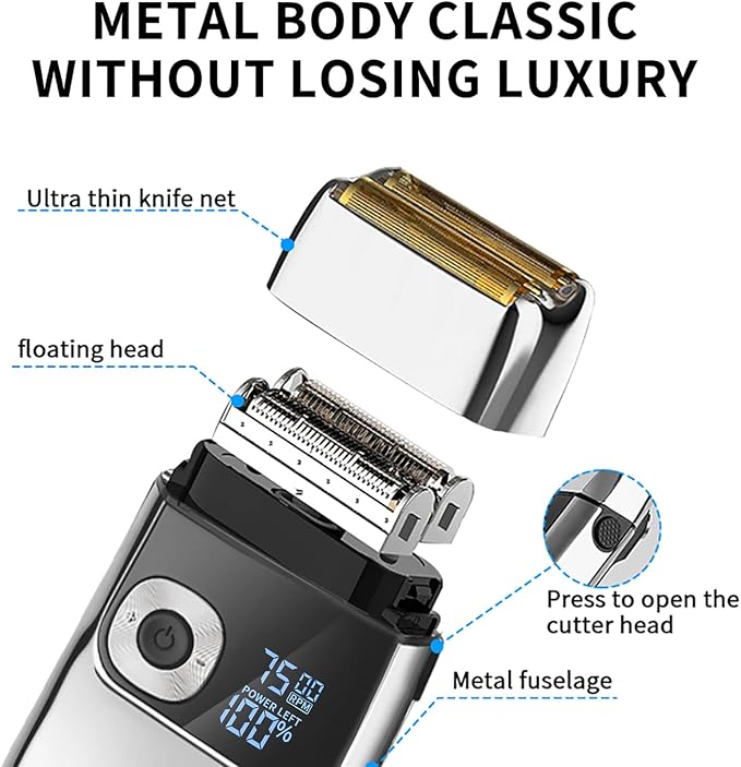 DSP Electric Razor for Men - 2 in 1 Bald Shaver with 2 Foil Head and Precision Trimmer - Rechargeable 3-Speed Barber Shaver with LED Digital Display (Silver)