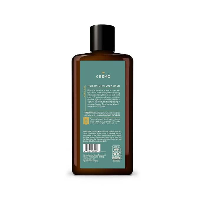 Cremo Rich-Lathering Coastal Breeze Body Wash Men, Notes of Salty Air, Coconut Water, and Mossy Woods, 16 Fl Oz