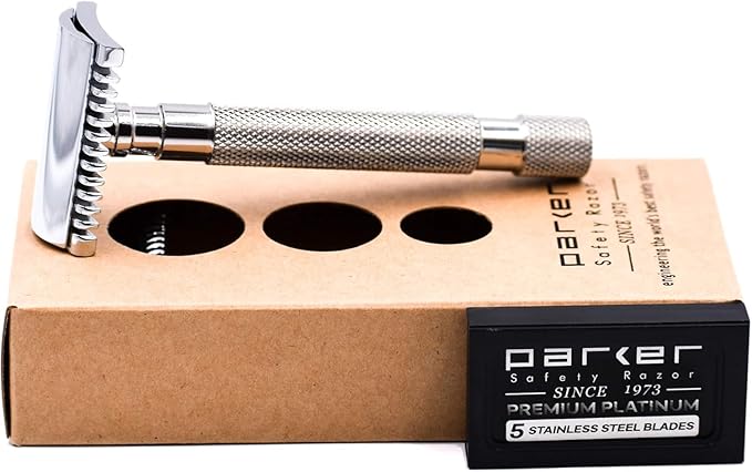 Parker 68S Stainless Steel Handle Double Edge Safety Razor with 5 Blades