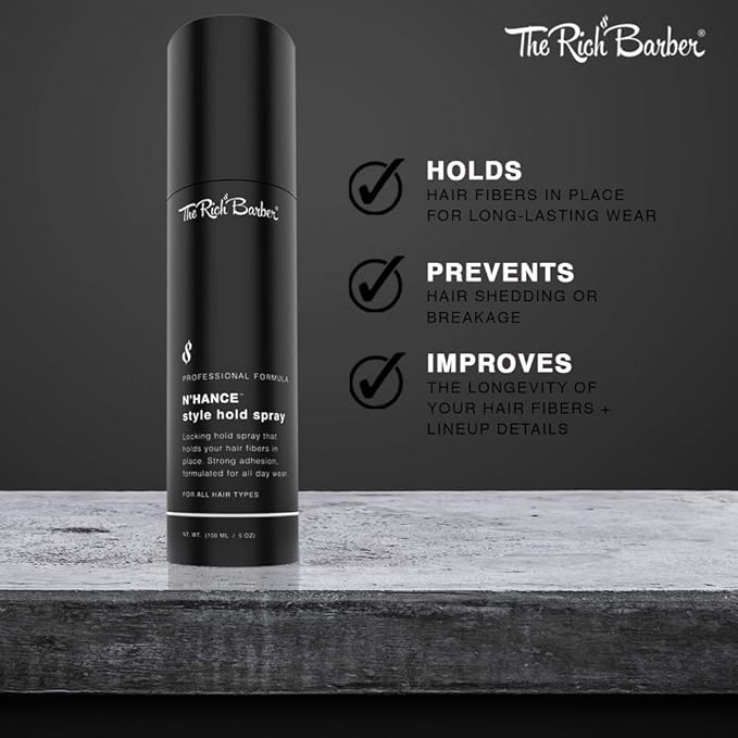 The Rich Barber N’Hance Hold Spray for Hair Building Fibers - Long Lasting Locking & Setting Hold Spray for Natural Concealing Hair Thickening Fibers (5 oz.)