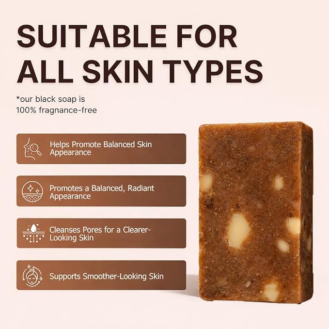 African Black Soap– Raw African Black Soap Bar Moroccan Black Soap Hydrates Dry Skin for All Skin Types, Supports a More Even-Looking Skin Tone for Face & Body Wash