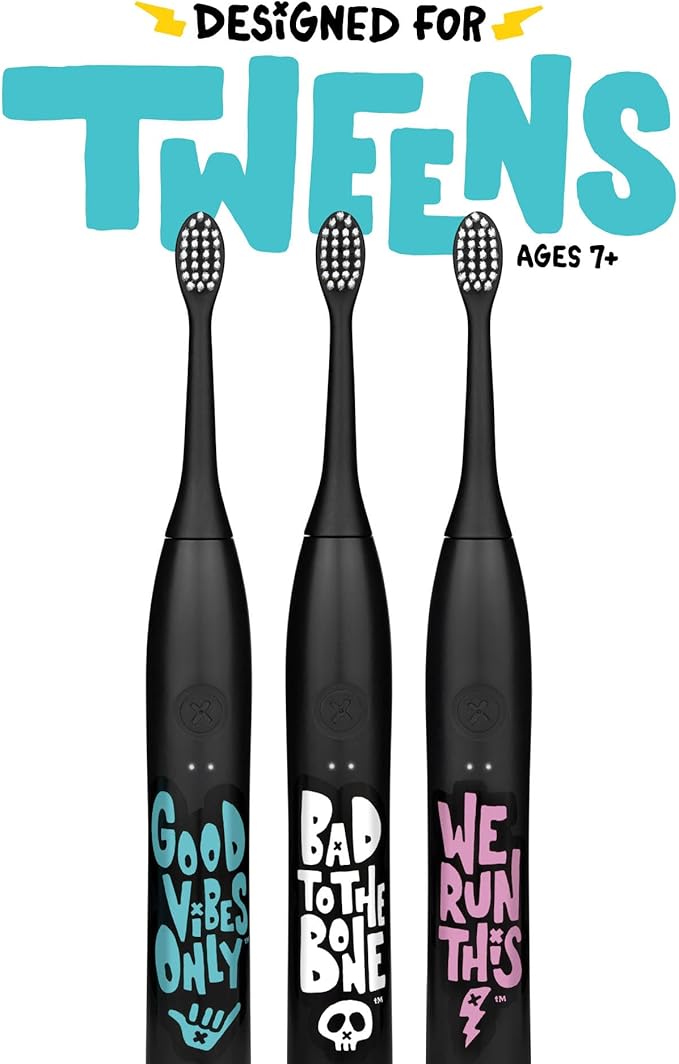 Made by Dentists Sonic X Electric Toothbrush – Rechargeable Kids Sonic Toothbrush, 8X Plaque Removal, 2 Speed Modes, 2-Minute Timer 6 Brush Heads Included, Tweens Ages 7+, Good Vibes Only Edition