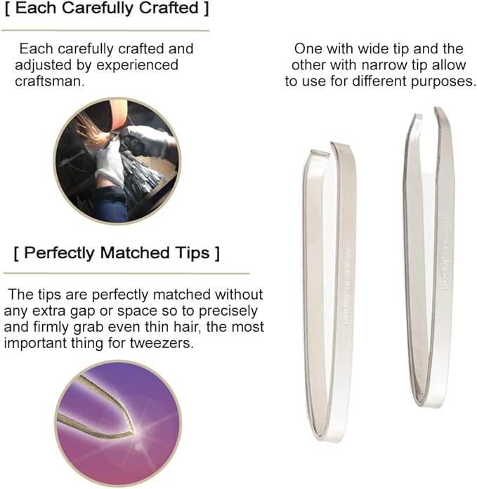 Eyebrow Tweezers [ Made in Japan ] 2 Pieces Set, Professional Hande Made Sharp Tweezers for Men and Women (SK-2)