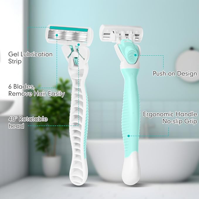 Lasnten 39 Pcs Disposable Women Razors 6 Blade Sensitive Skin Shaving Razor Set Include 3 Non Slip Handles and 36 Refills(Green)